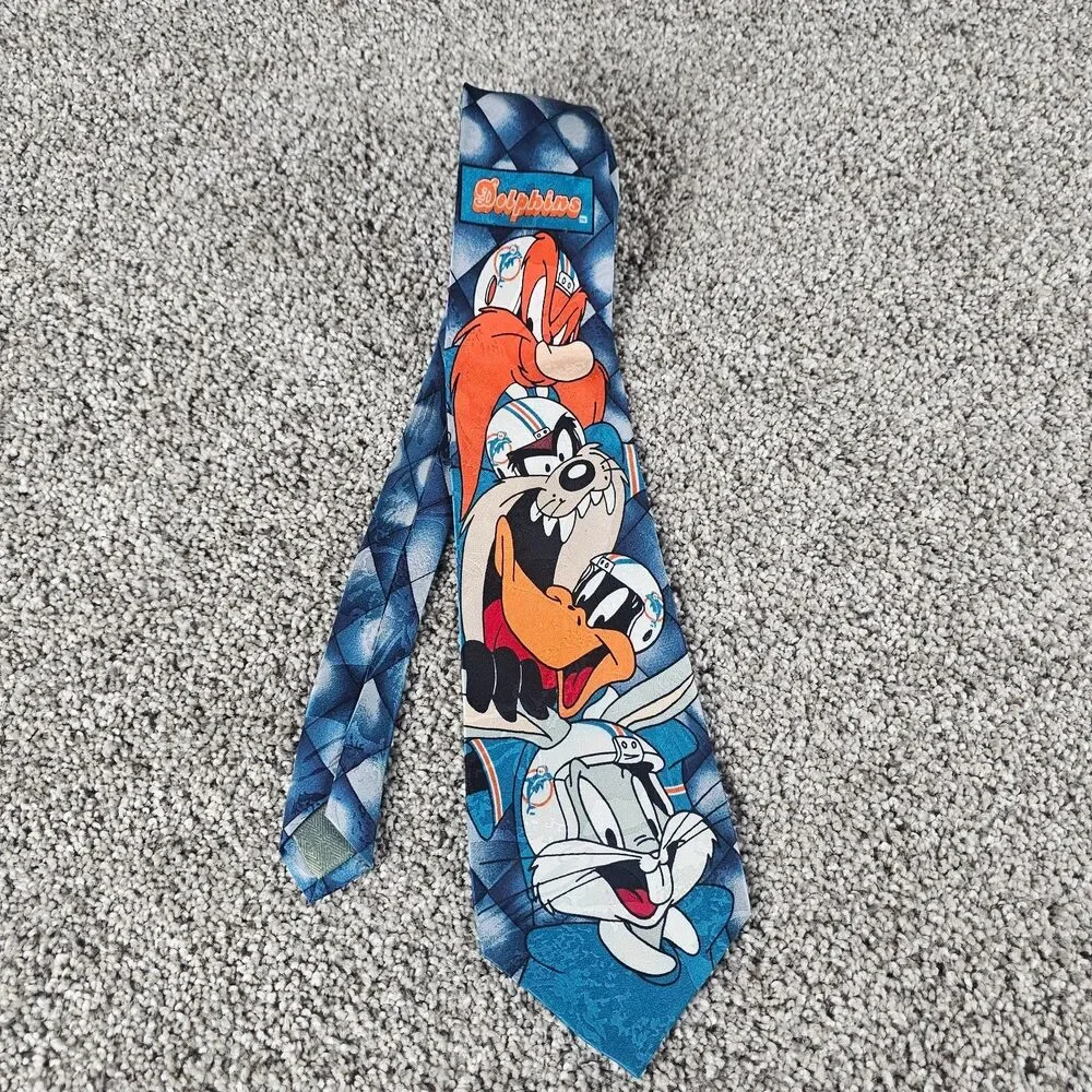 Vintage Looney Tunes Miami Dolphins Neck Tie Silk 90s Bugs Taz Daffy NFL Novelty
